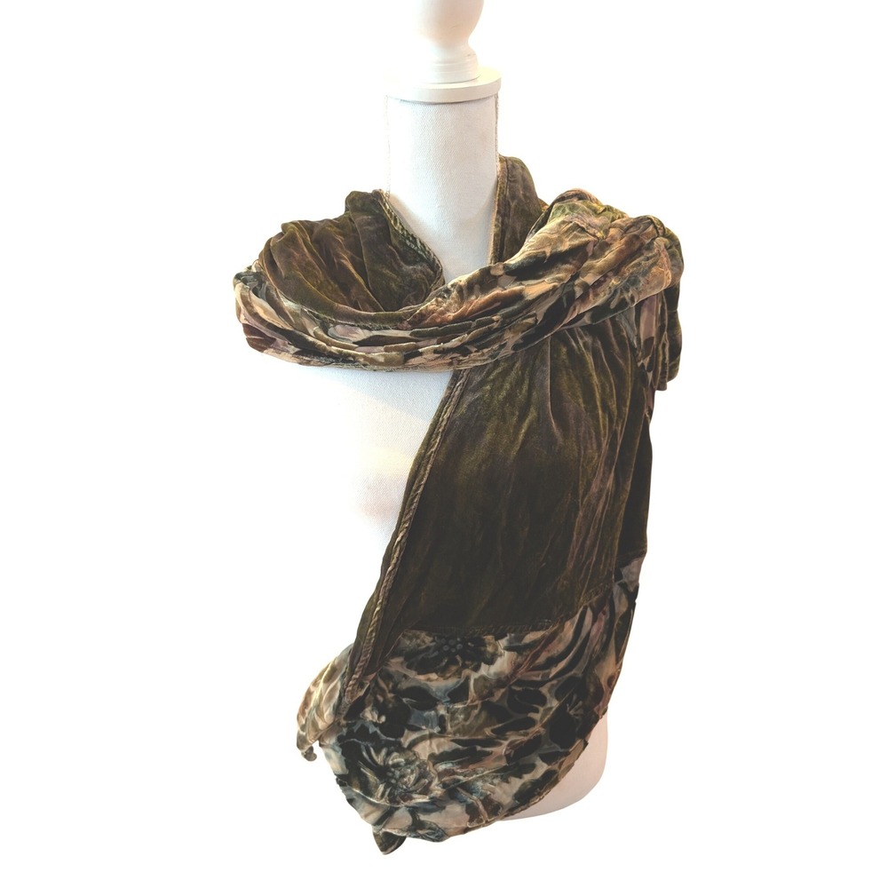 Devore Silk Blend Scarf Floral Boho Wrap Olive Green Burnout Velvet 12 X 70